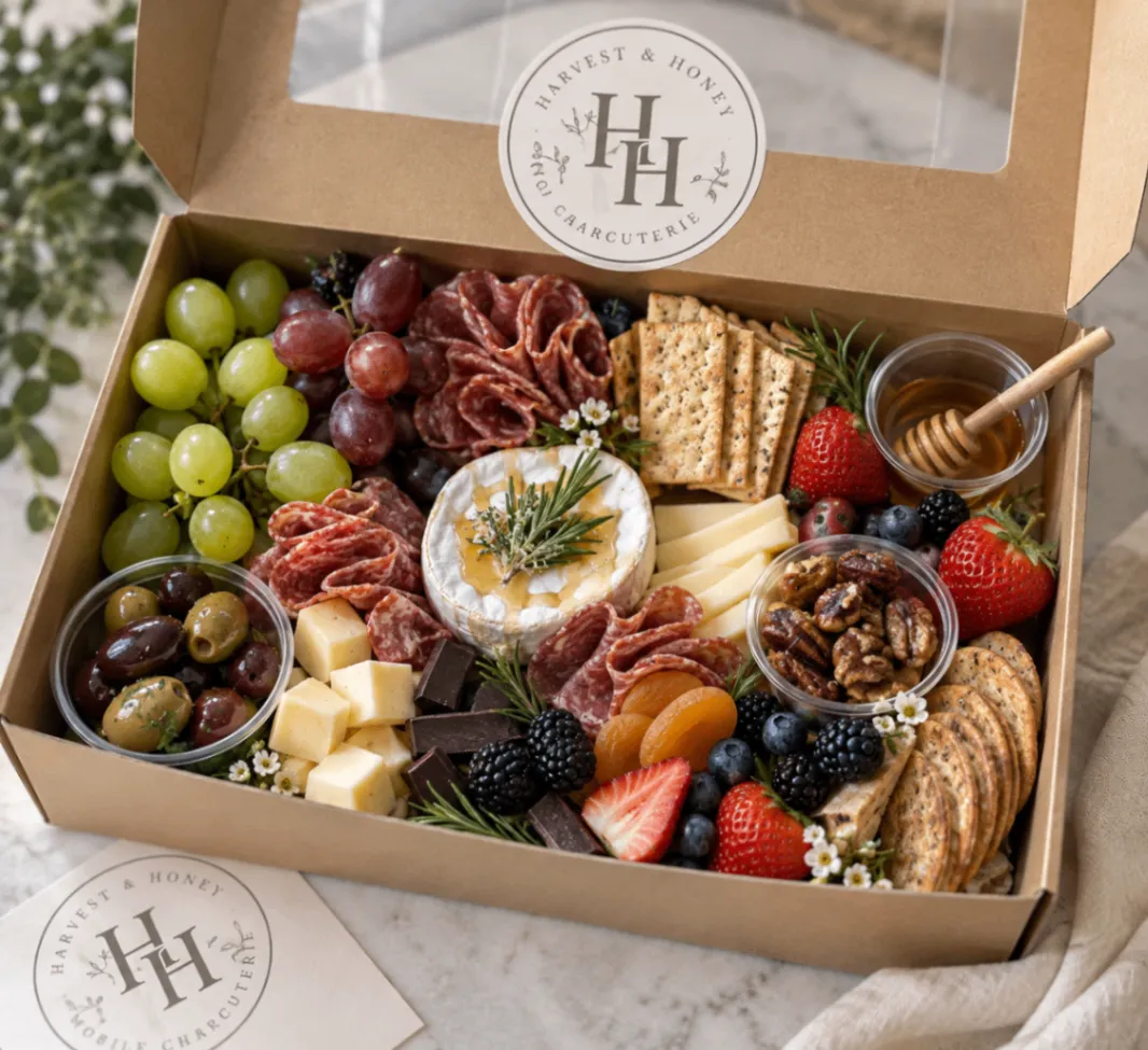 The Harvest Box arranged with artisan cheeses, cured meats, fruit, crackers, nuts, and a sweet bite