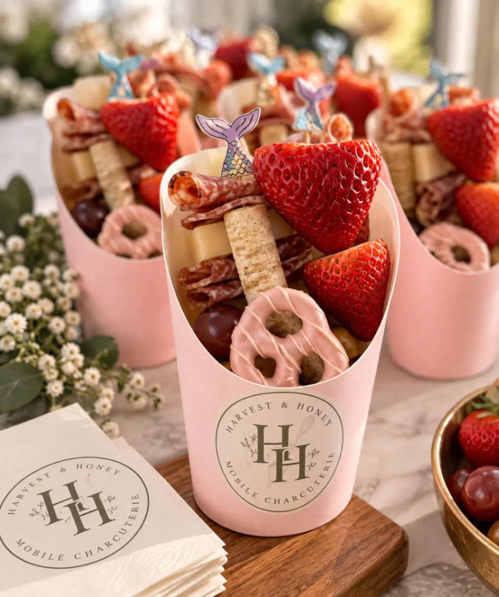 A Honey Cup filled with charcuterie, fresh fruit, crackers, and a sweet treat