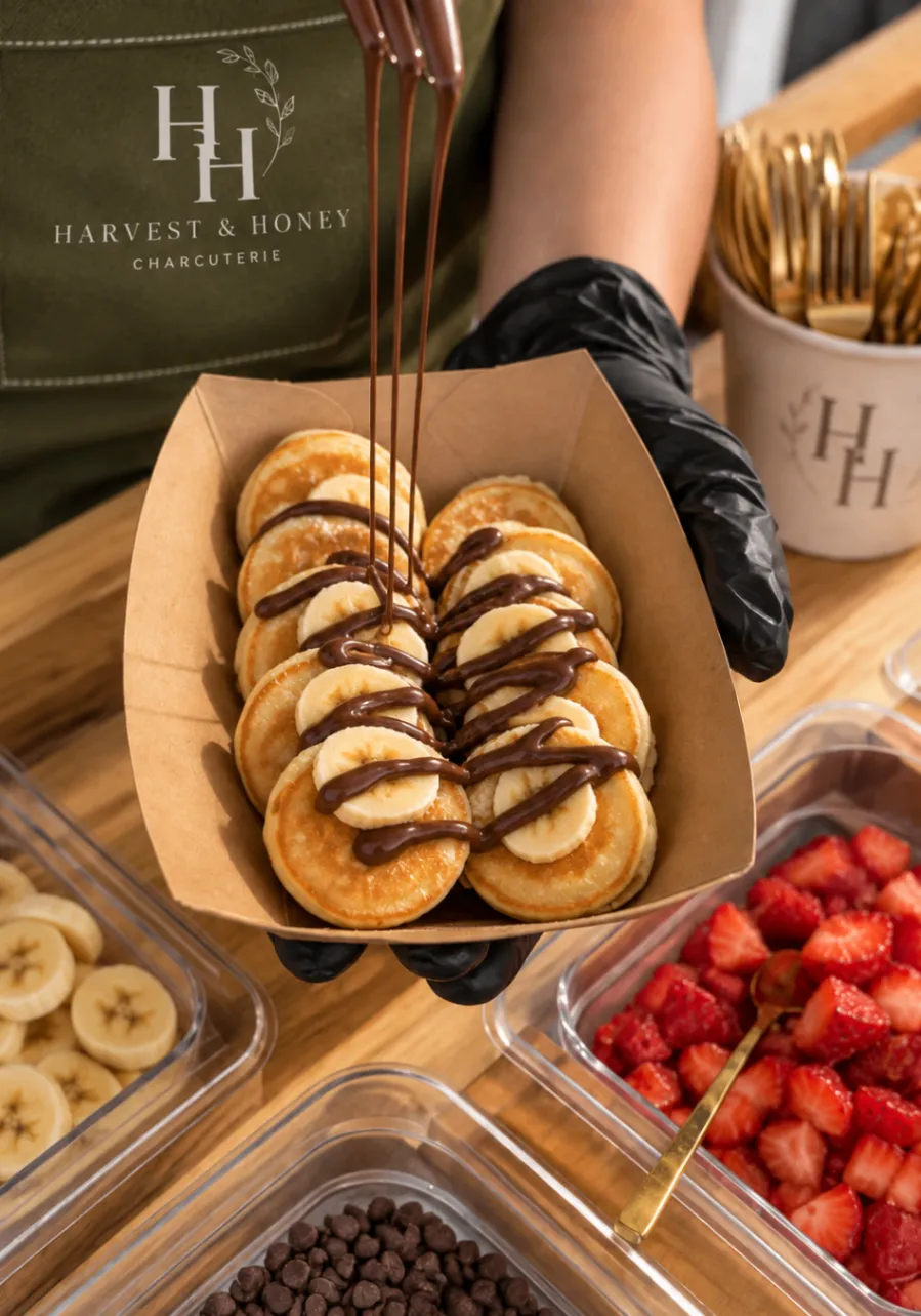 The Honey Stack mini pancake bar with golden pancakes, fruit, and toppings